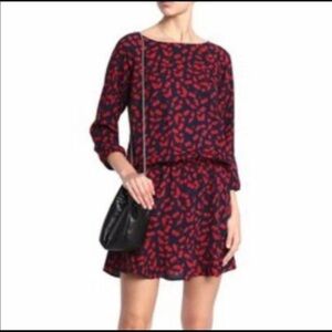 Joie Navy Blue & Red Cherry Print ruffle dress size small
